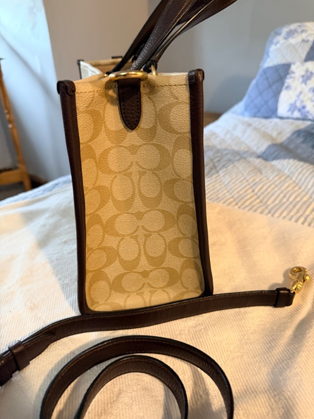 Coach Color Block Leather Satchel in Cream / Tan / Brown and Signature - Picture 3 of 8